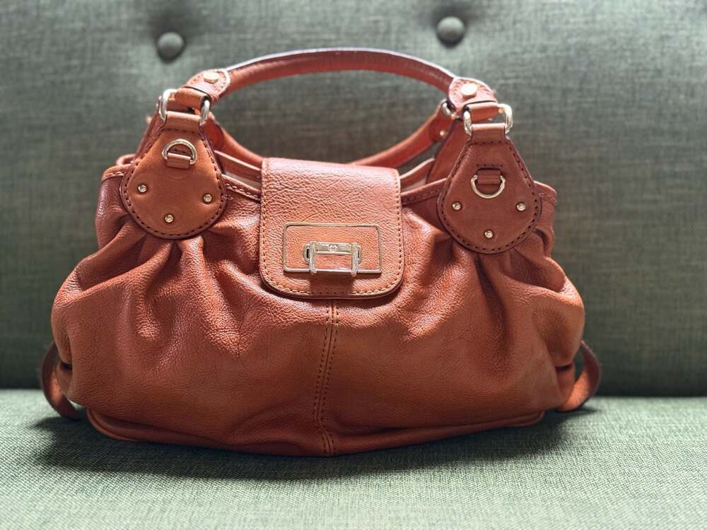 Antonio Melani Cognac Tan Leather Hobo Satchel Bag Gold Hardware Turn Lock